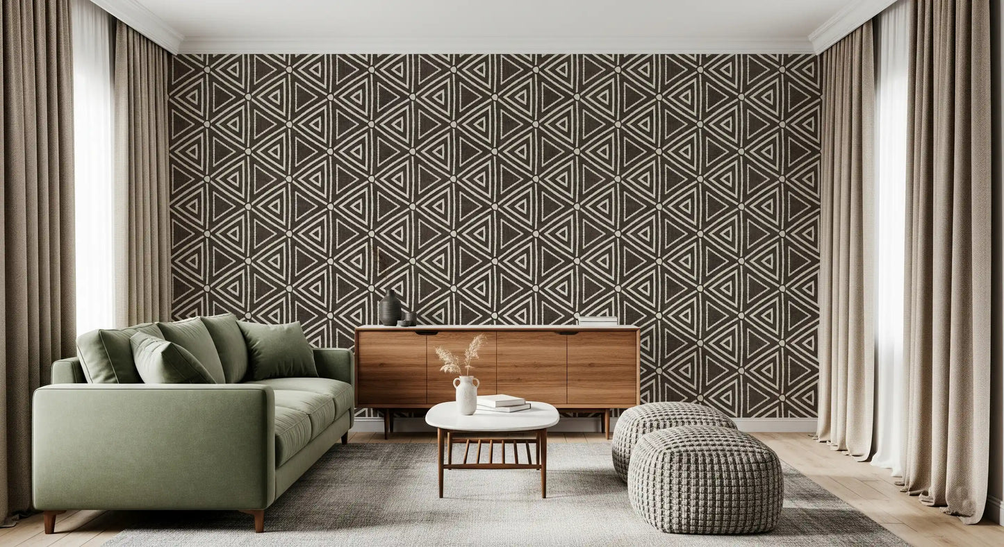 Textured Mudcloth Geometric Triangles Boho Dark Umber Brown  Wallpaper⁠