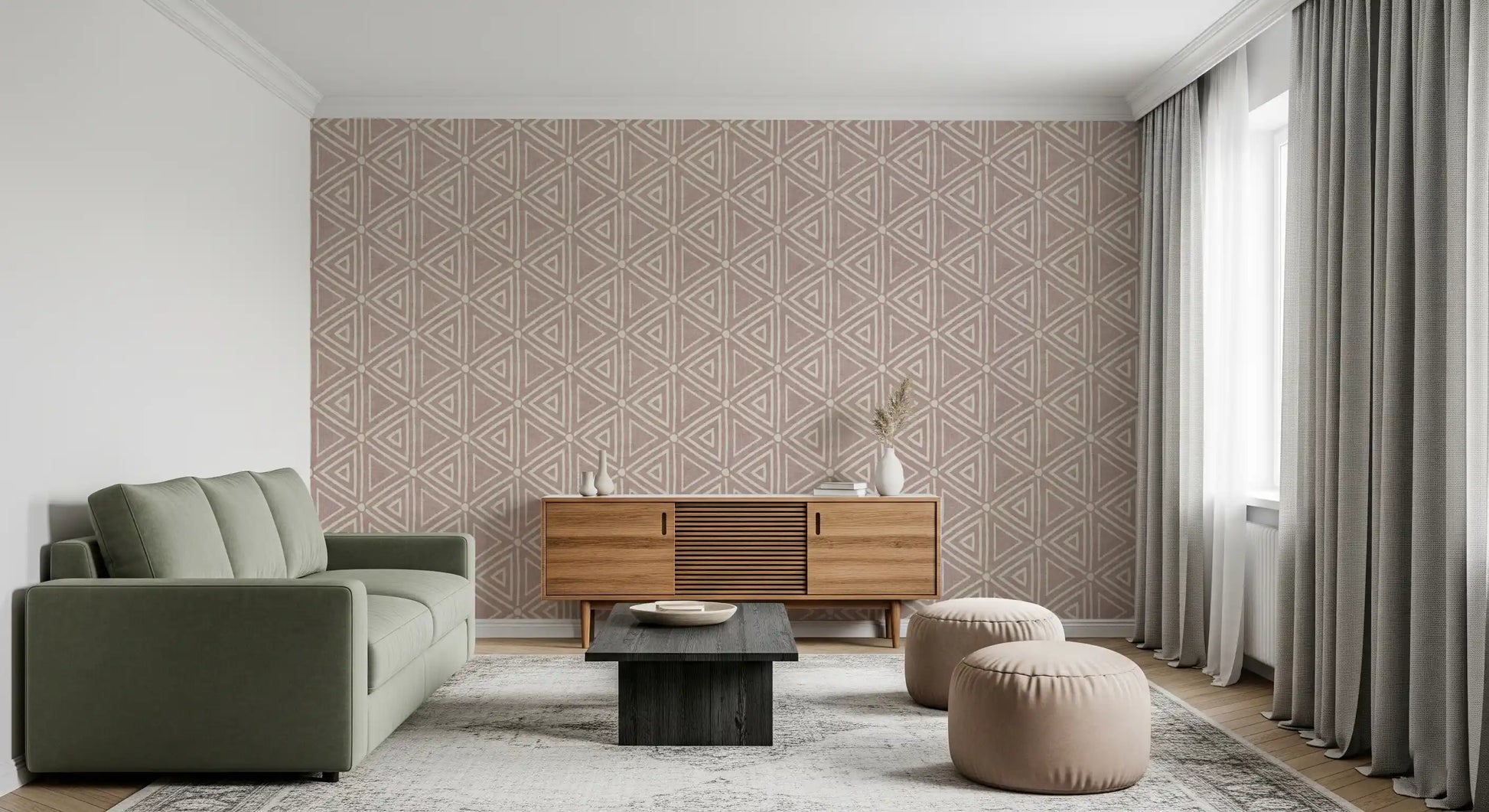 Cosy hallway styling that leans on triangle mudcloth wallpaper, dusty rose toned 