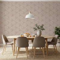 Dusty rose boho mudcloth wallpaper warming a calm dining room scheme