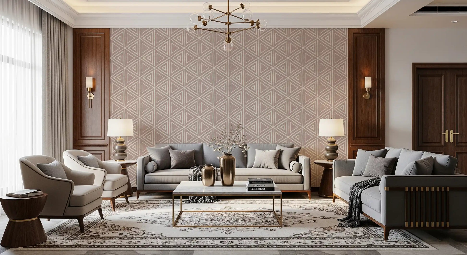 Ivory triangles nested in tight rows over a dusty rose boho mudcloth wallpaper field