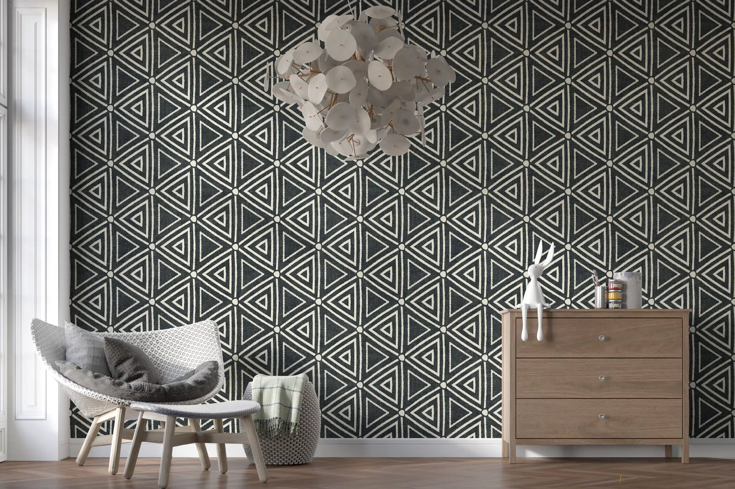 Hallway feels calmer in a study dressed with charcoal mudcloth wallpaper
