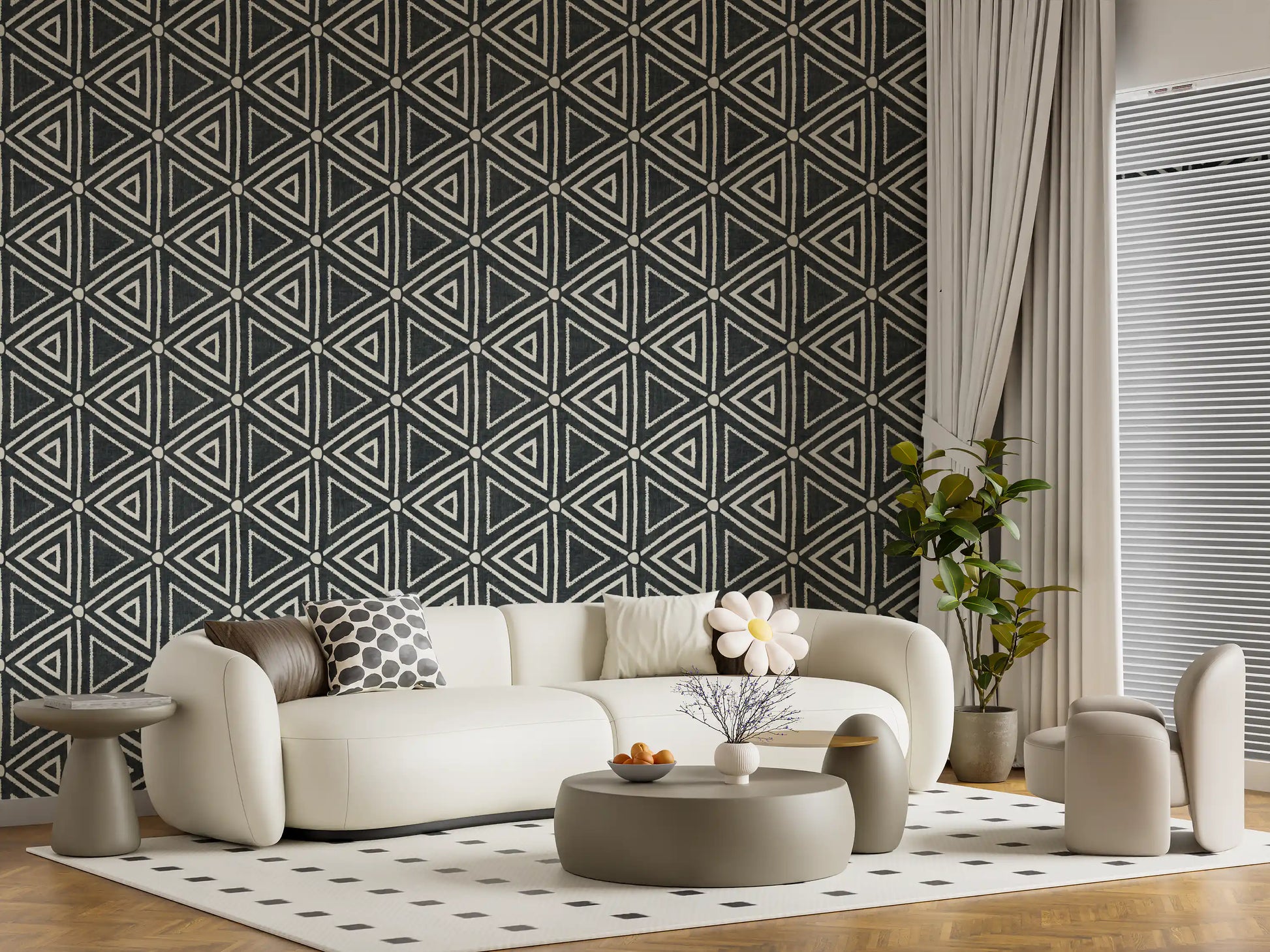 Mudcloth wallpaper keeps a small Living room grounded with a handcrafted, tribal mood
