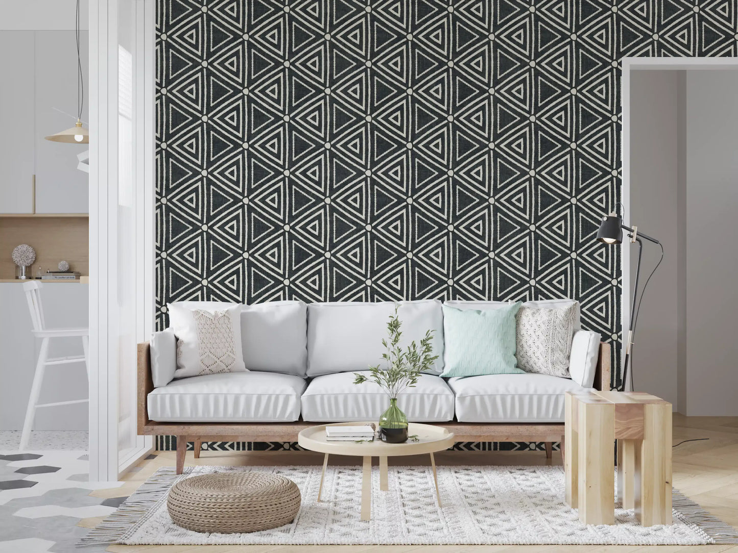 Scaled-up view of the triangle grid showing the tribal mudcloth wallpaper rhythm