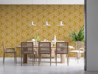 Cream triangle rows steady a calm dining room setting in boho mudcloth wallpaper
