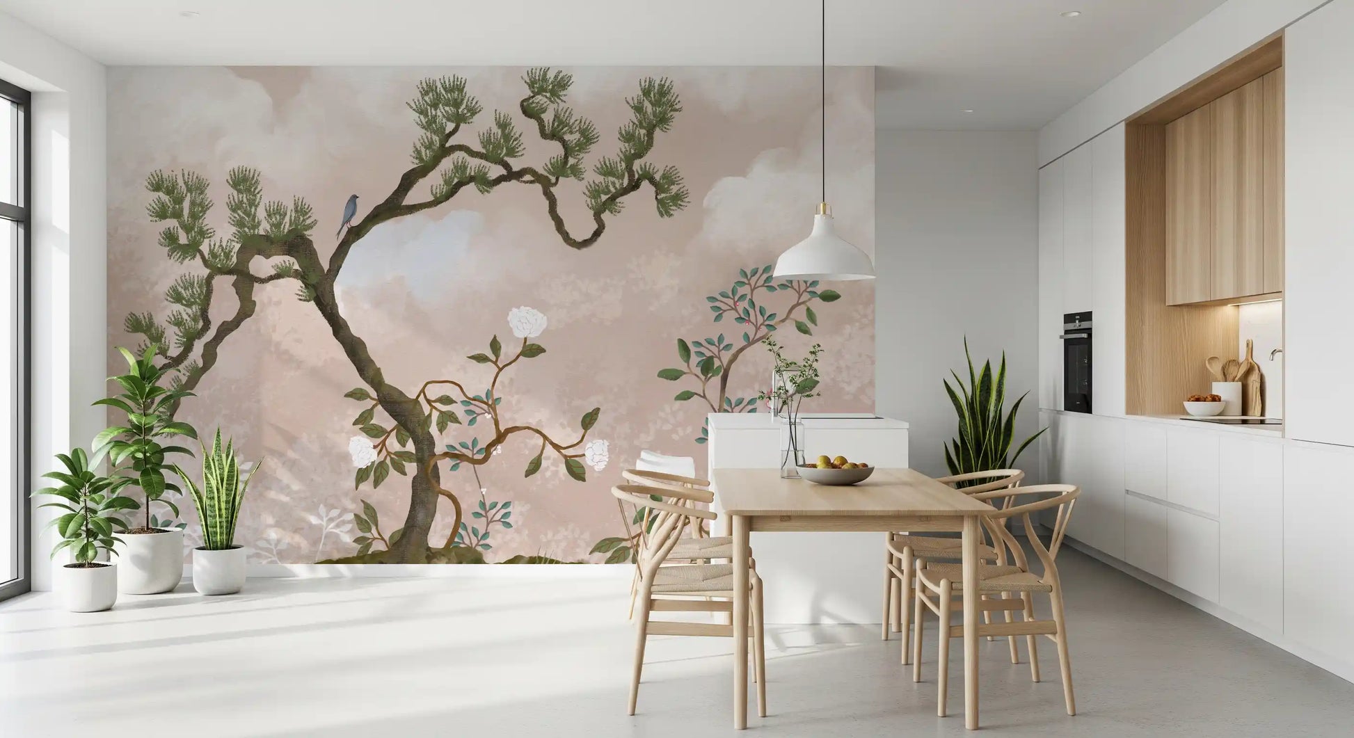Branch lines arc over a relaxed dining room dressed in the serene garden bird wall mural