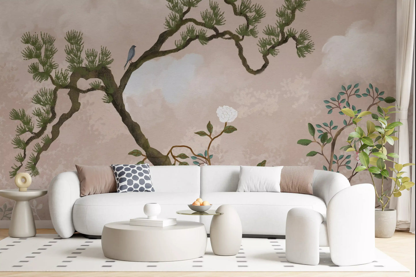 White peonies and slim green leaves climb the lower band of the garden bird wall mural