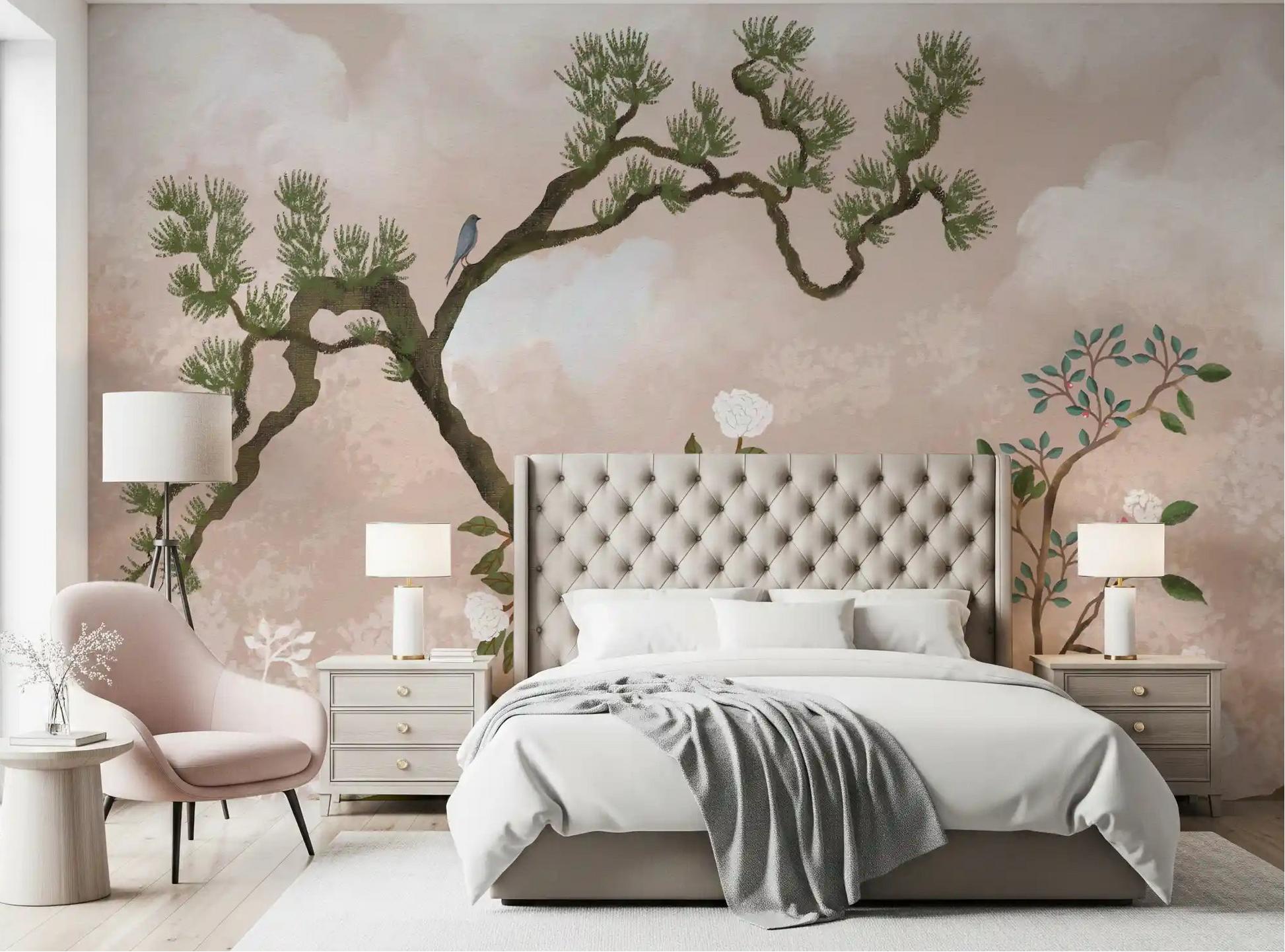 Bedroom styled in blush tones with the Serene Chinoiserie Garden bird wall mural