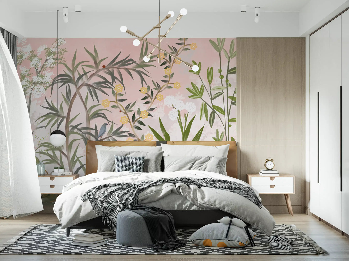 Warm pink and green tones keep the chinoiserie garden light and open in this wall mural