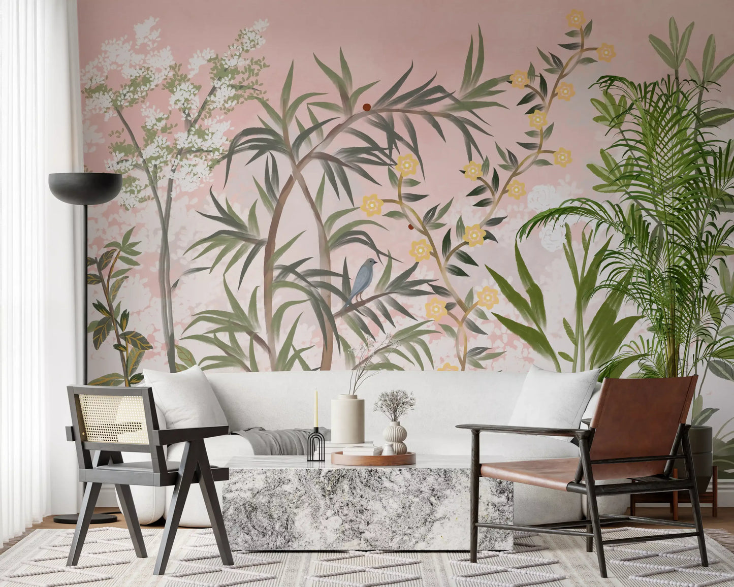 Quiet, airy mood fills a relaxed lounge dressed in pink chinoiserie wall mural