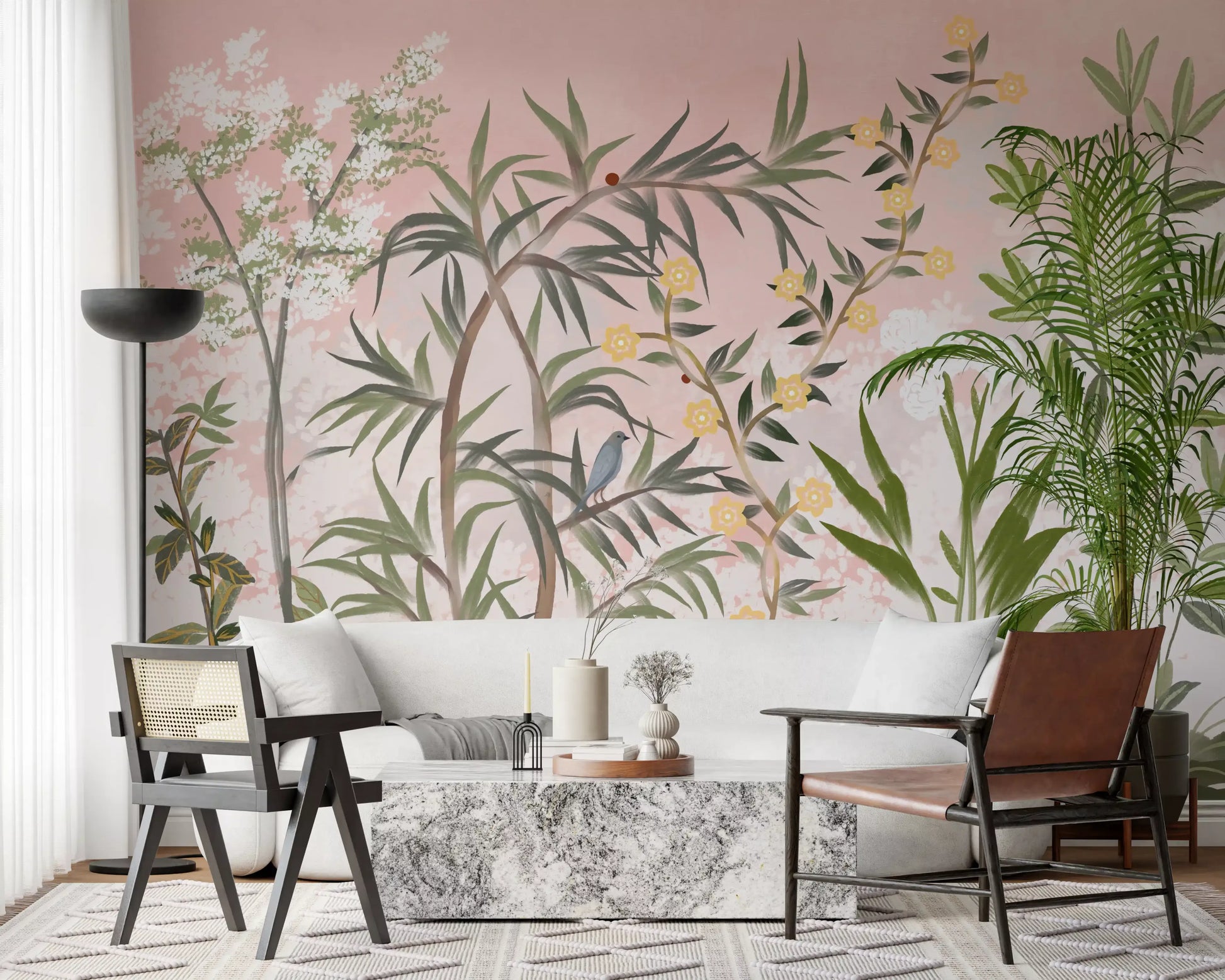 Quiet, airy mood fills a relaxed lounge dressed in pink chinoiserie wall mural