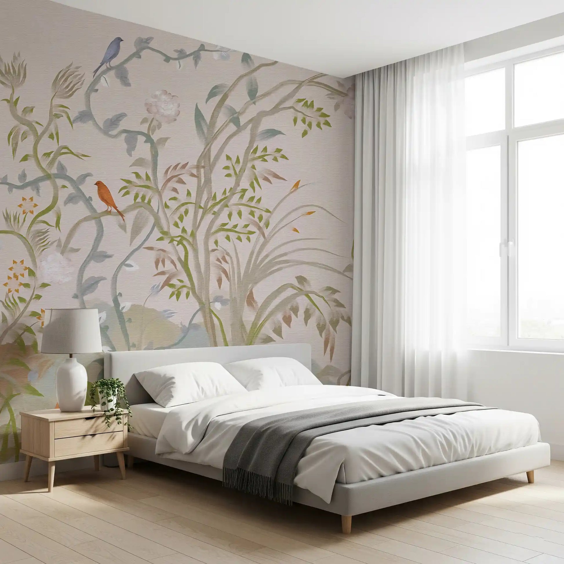 Quiet bedroom scheme shaped by the chinoiserie wall mural and its songbird vines