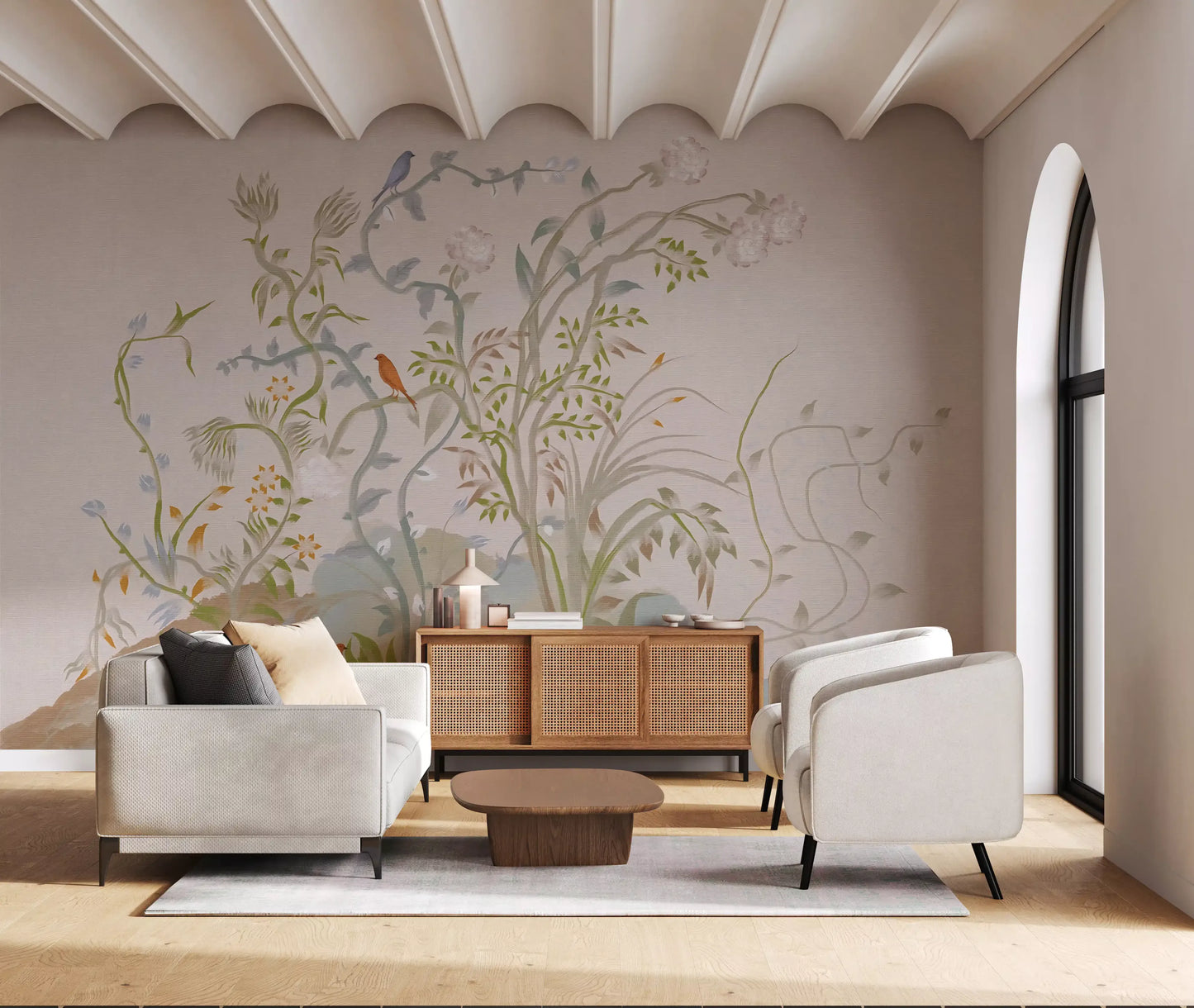 Slender vines climbing a linen-toned ground in this chinoiserie songbird wall mural