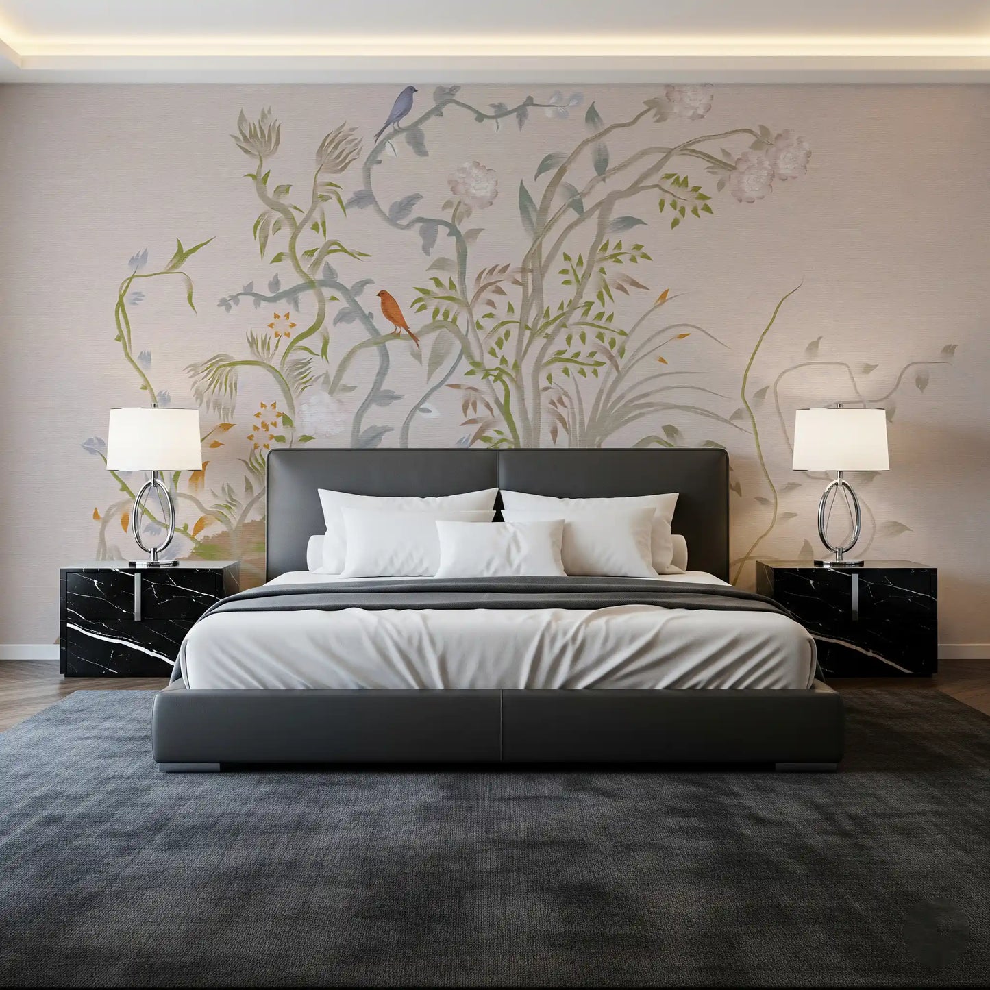 Whispering vines and songbirds easing a bedroom into quiet, the chinoiserie wall mural