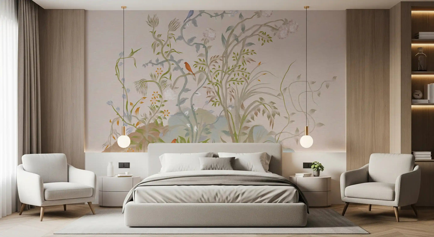 Loose grasses gathering into a low painterly hill along the chinoiserie wall mural base