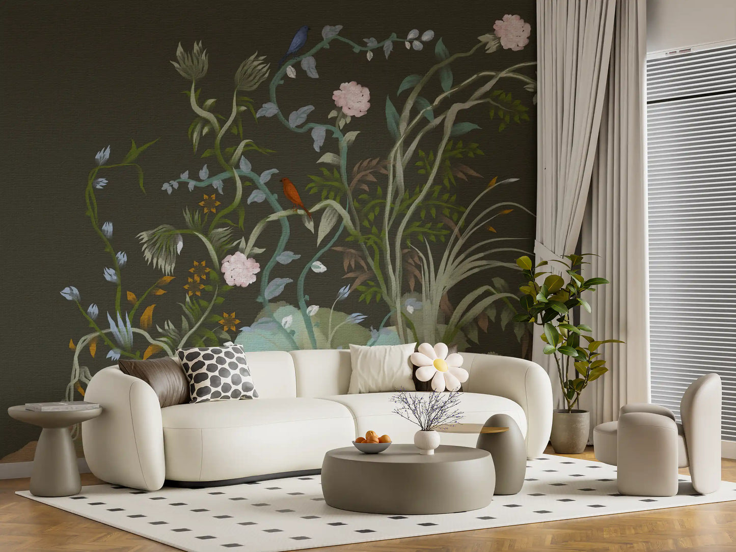 Painterly depth wraps a lounge dressed in this moody chinoiserie wall mural