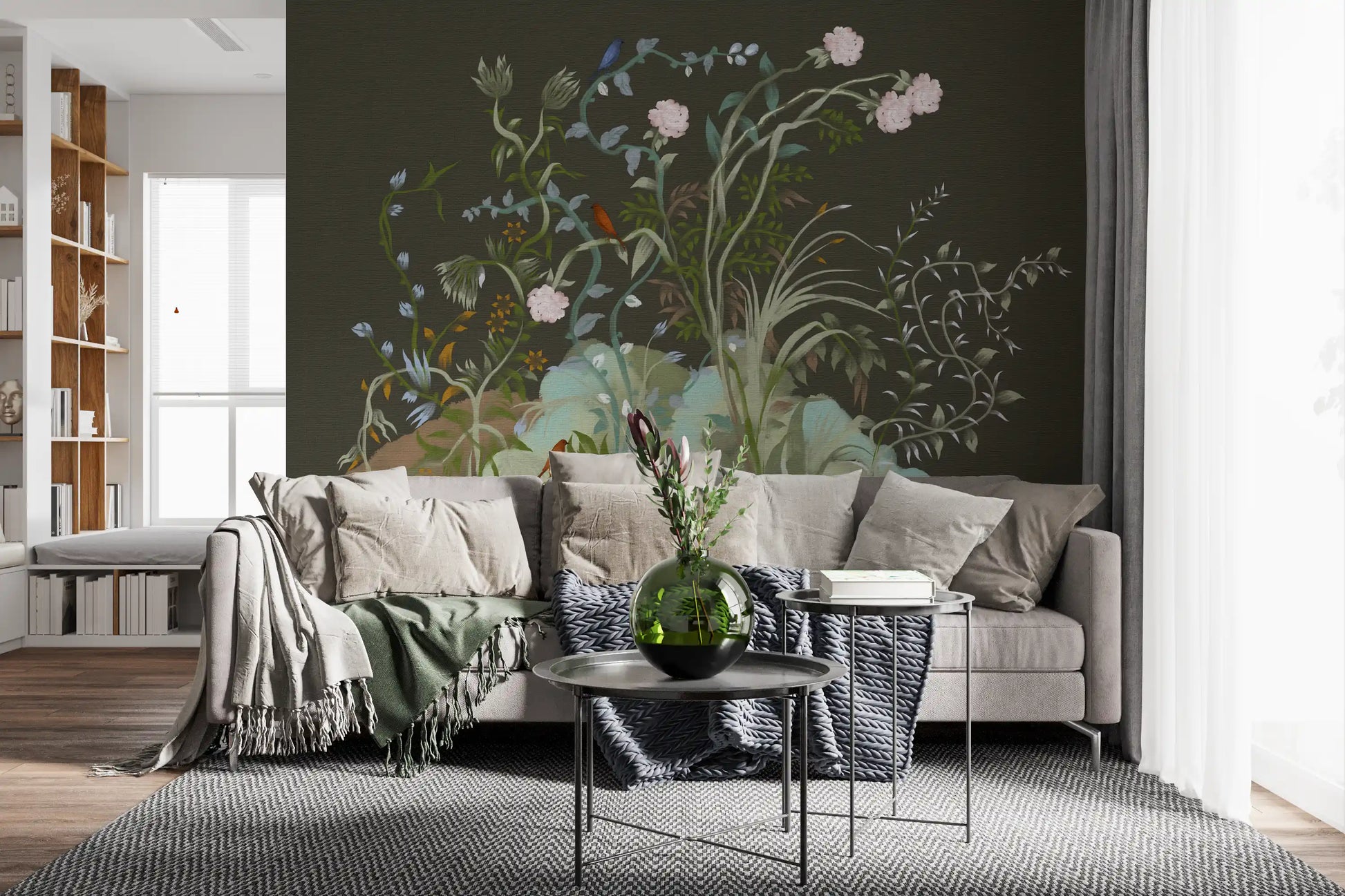 Pink peonies and small songbirds stand out on the moody chinoiserie wall mural ground