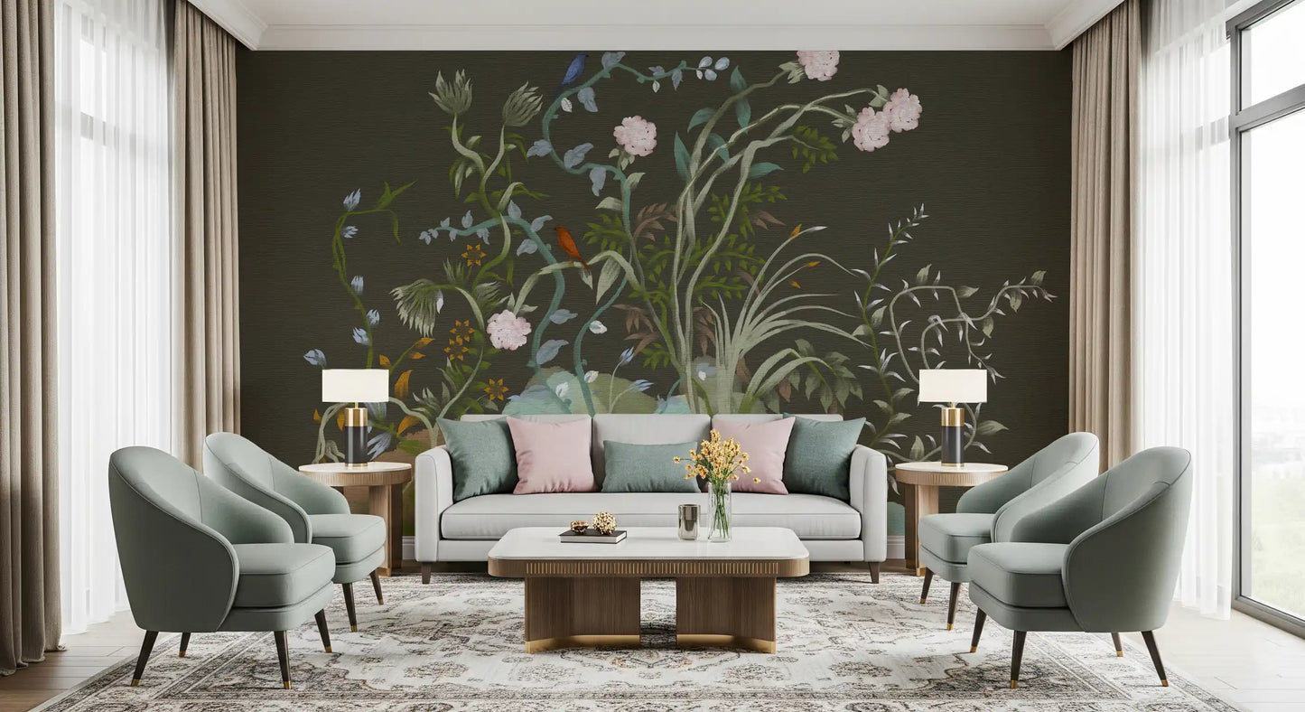 Quiet and atmospheric, this chinoiserie wall mural keeps a Living ropom calm and restful