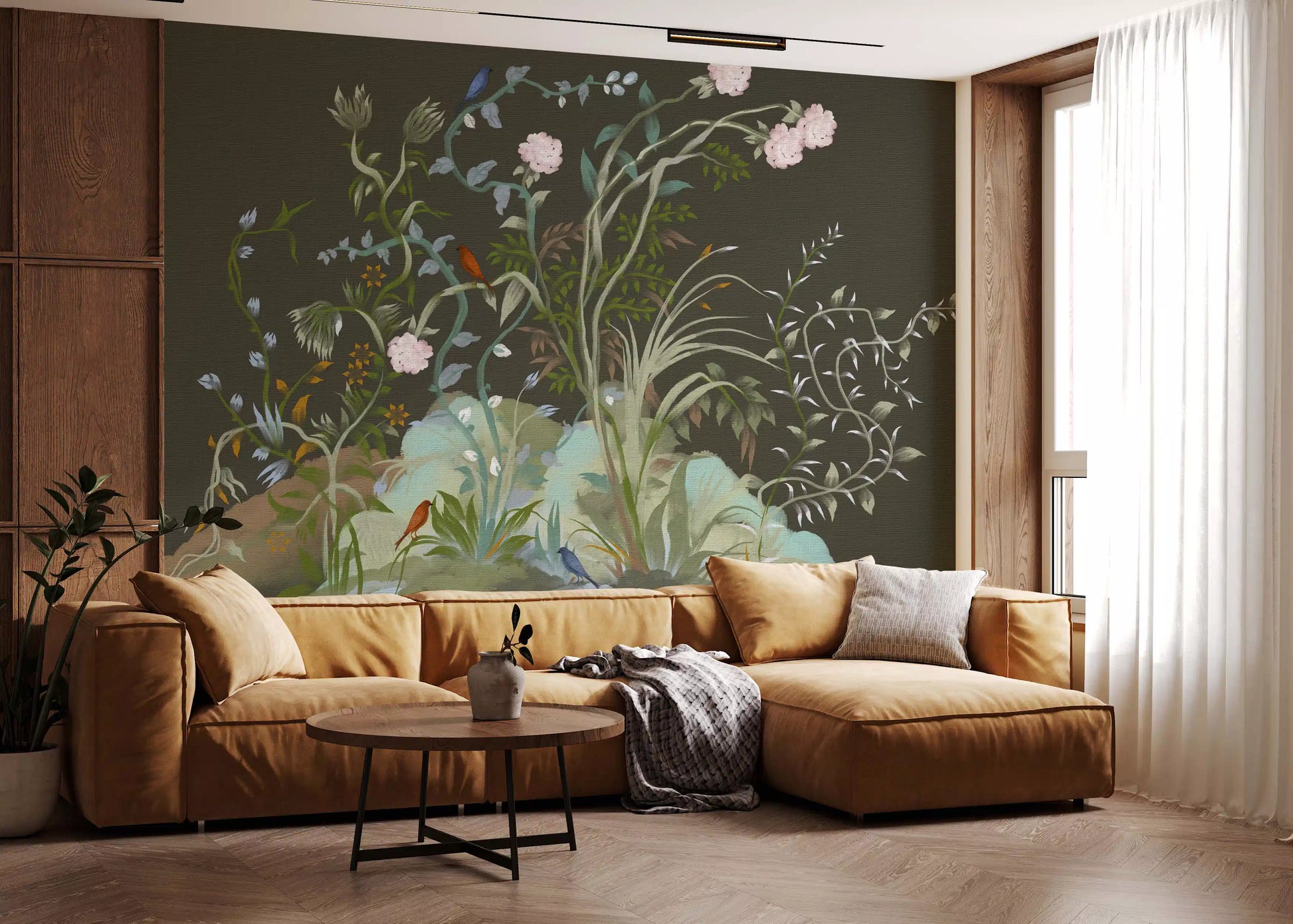 Garden birds perched among blooms give a hallway a moody chinoiserie wall mural feel
