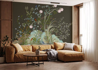 Garden birds perched among blooms give a hallway a moody chinoiserie wall mural feel
