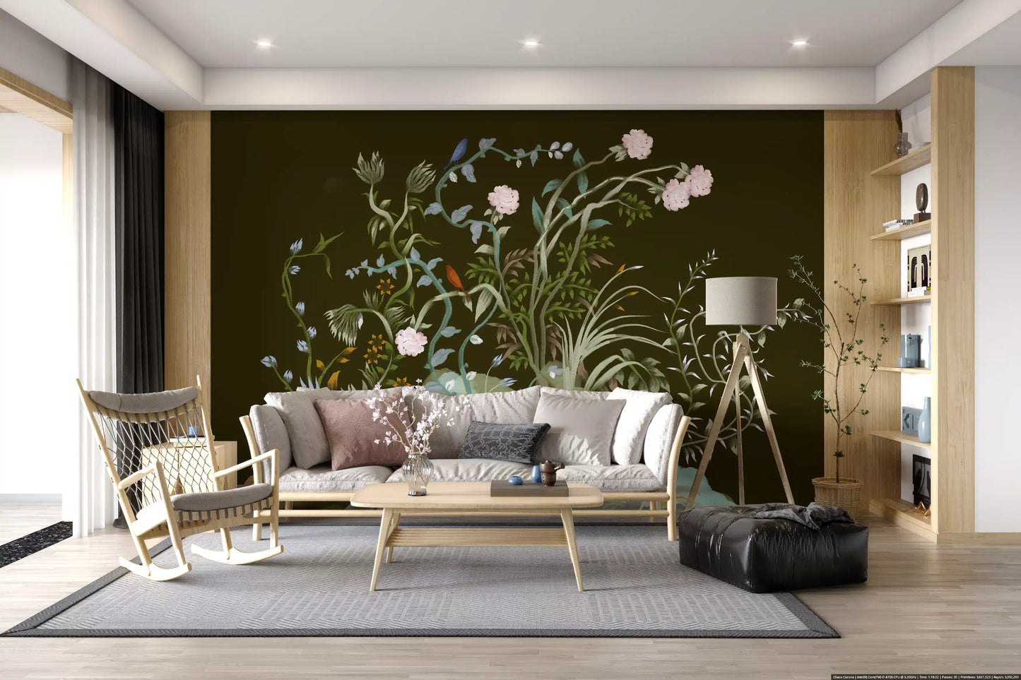 Birds rest among blooms across a sitting room dressed in chinoiserie wall mural
