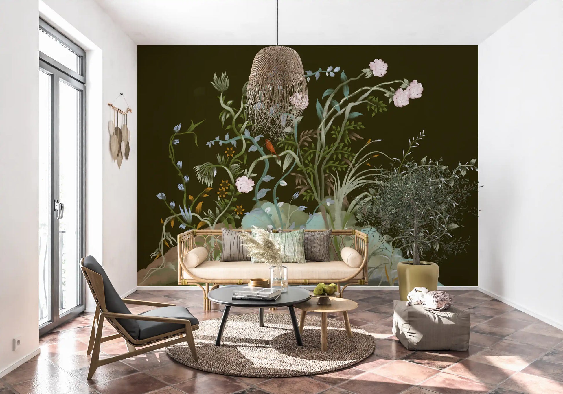 Painterly vines lift pink peonies over a dark olive chinoiserie wall mural