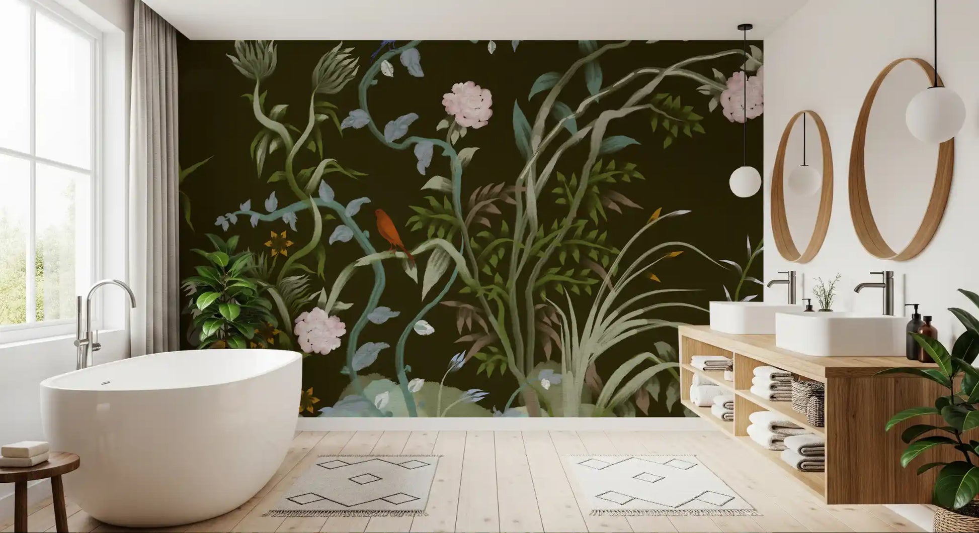 Climbing chinoiserie wall mural greenery warms a quiet bathroom with pink blooms