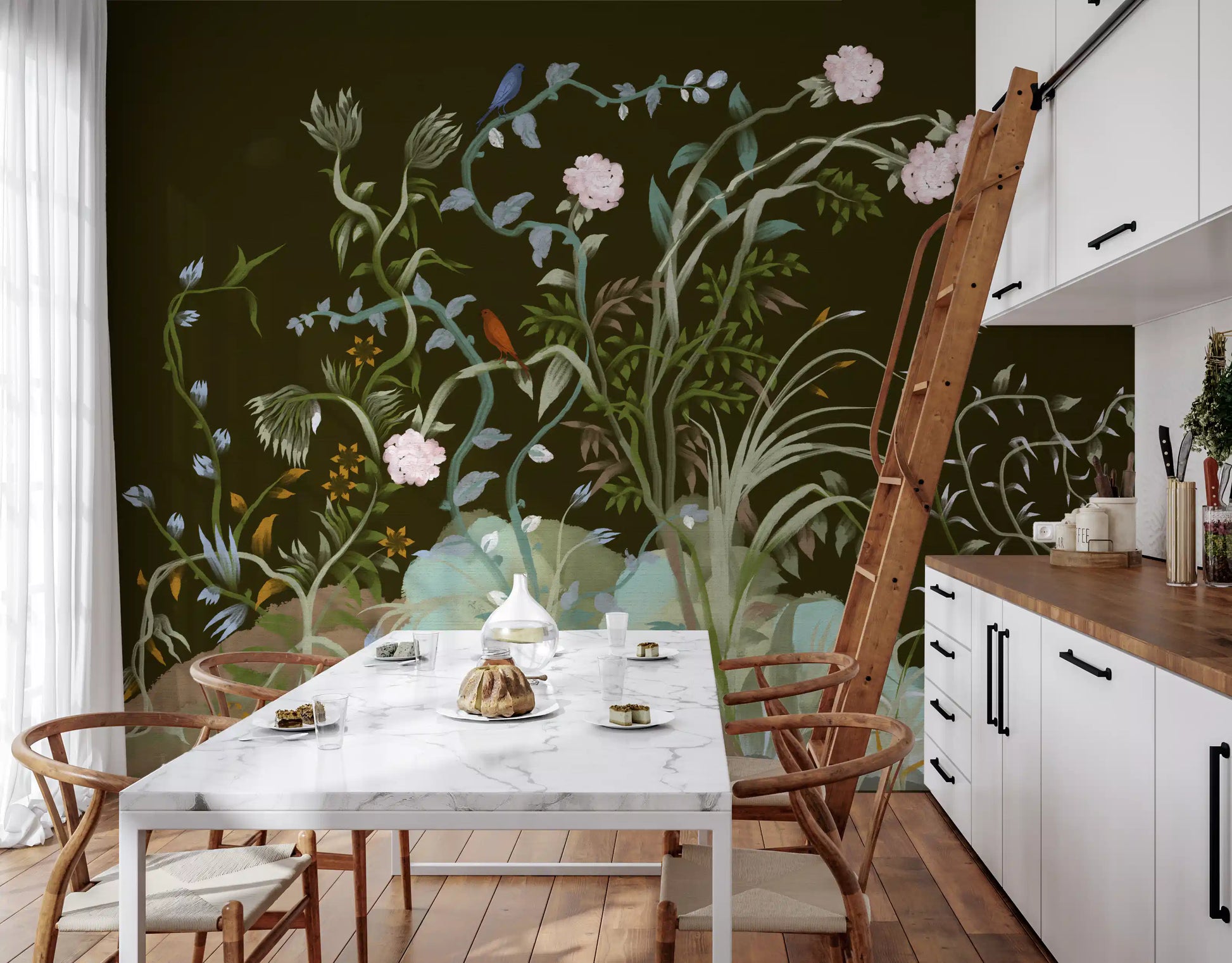 Trailing vines wrap a Kitchen and dining in the enchanted grove wall mural