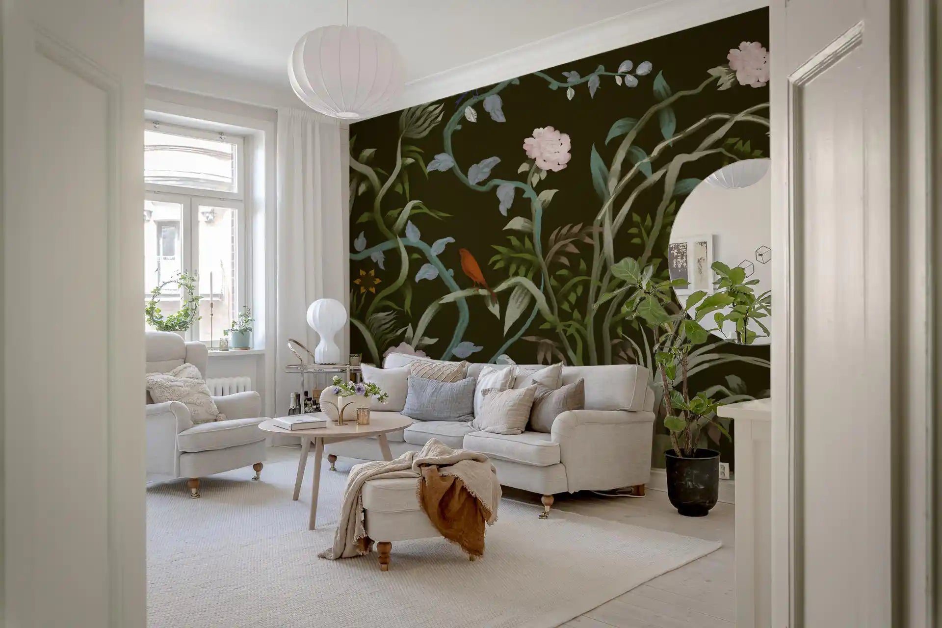 A pale mound grounds the grove where stems rise in this botanical wall mural