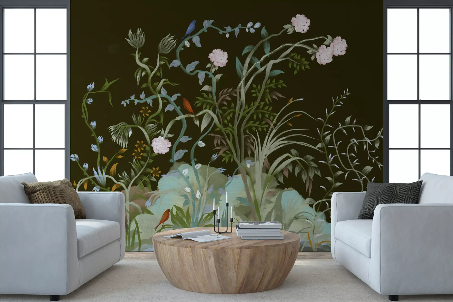 A Living room turns moody under the dark green chinoiserie wall mural
