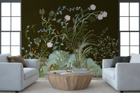 A Living room turns moody under the dark green chinoiserie wall mural