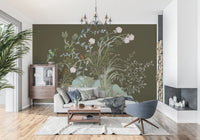 Blue and red birds perch among trailing branches in the grove wall mural