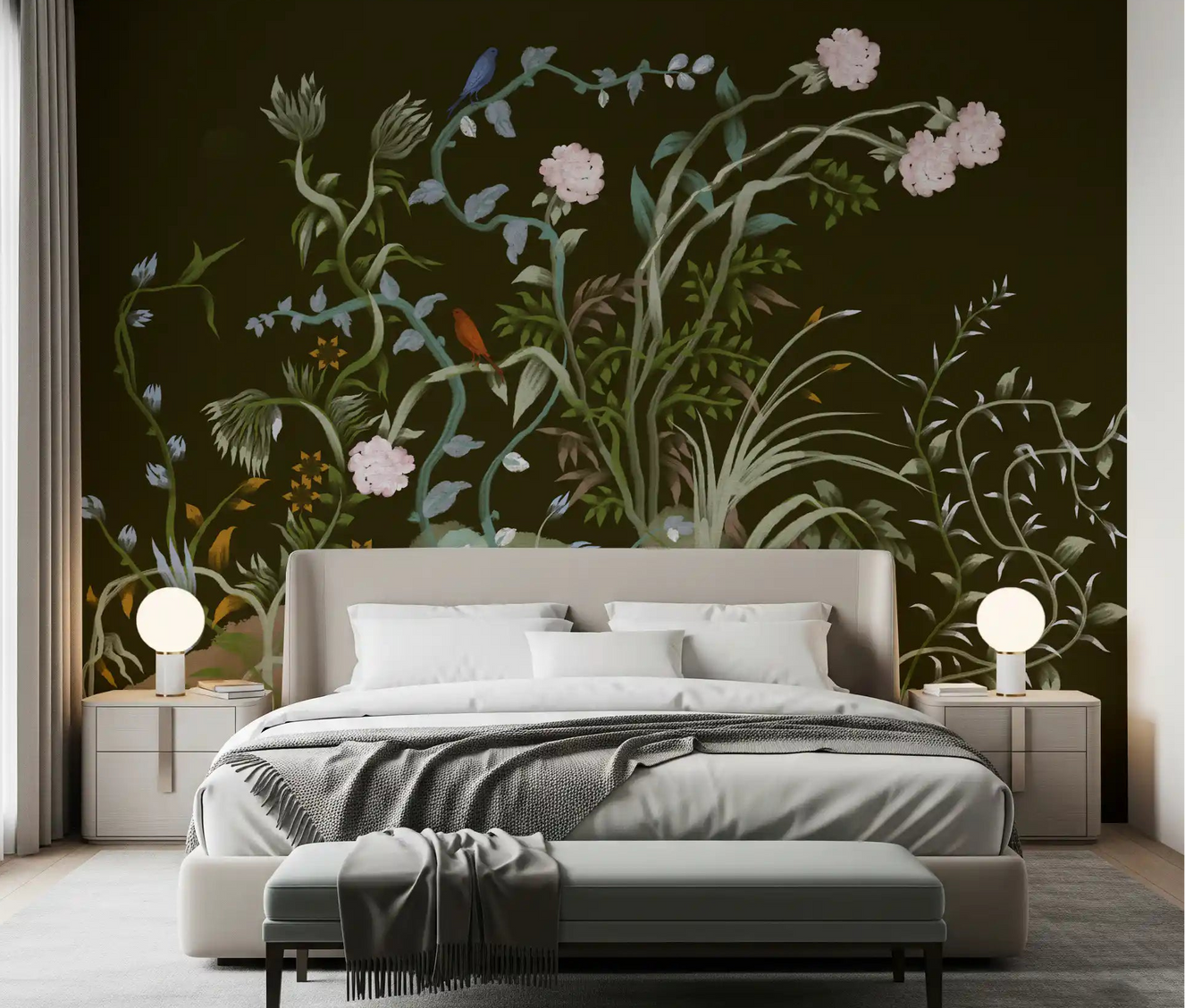 Chinoiserie grove birds wall mural sets a calm mood in a green bedroom