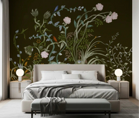 Chinoiserie grove birds wall mural sets a calm mood in a green bedroom