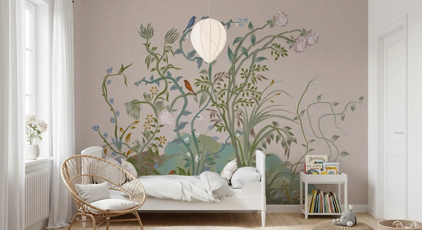 Climbing florals and small birds rise over a bright Kids bedroom, chinoiserie wall mural