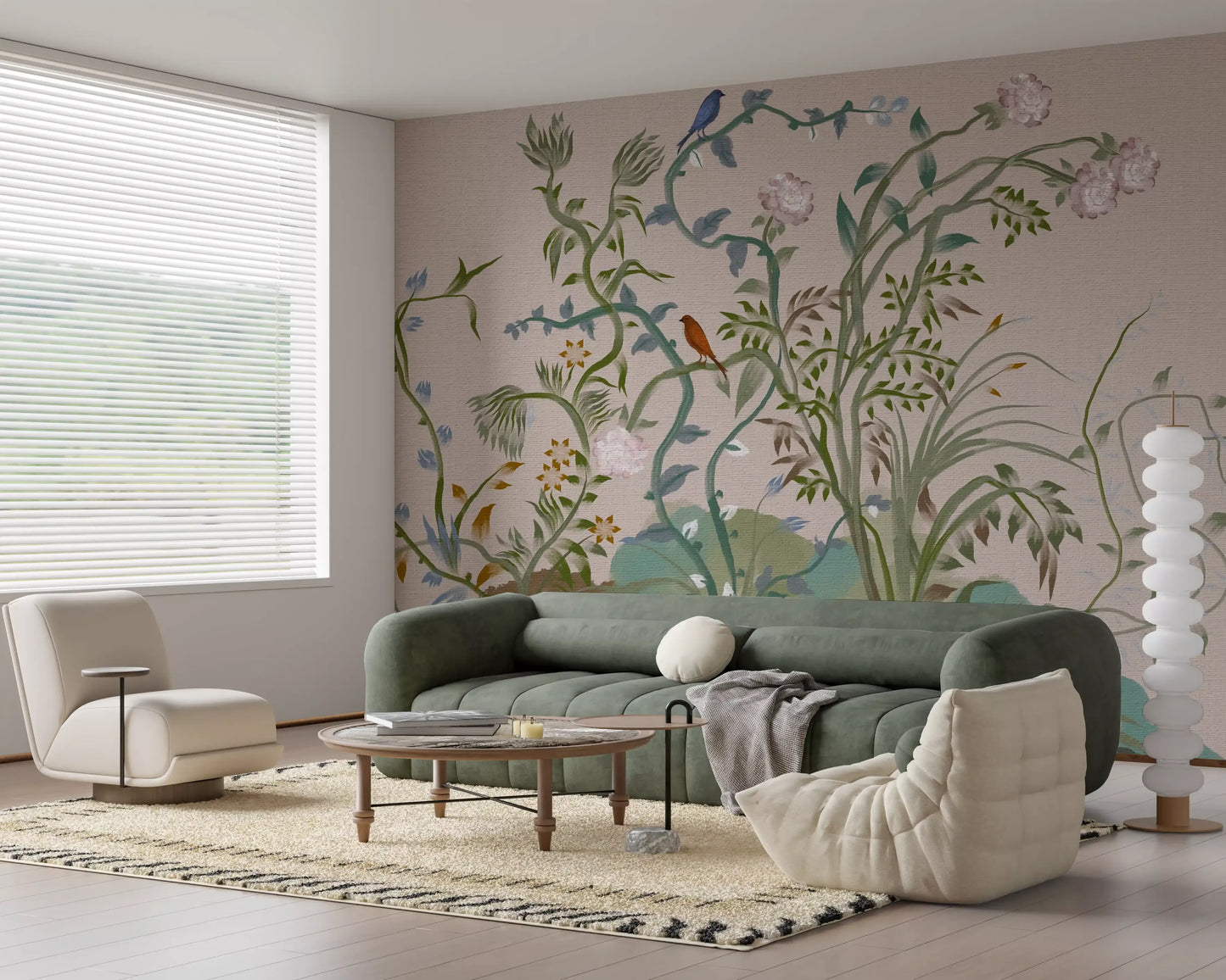 Tall stems and rose blooms open behind a relaxed lounge in the chinoiserie wall mural