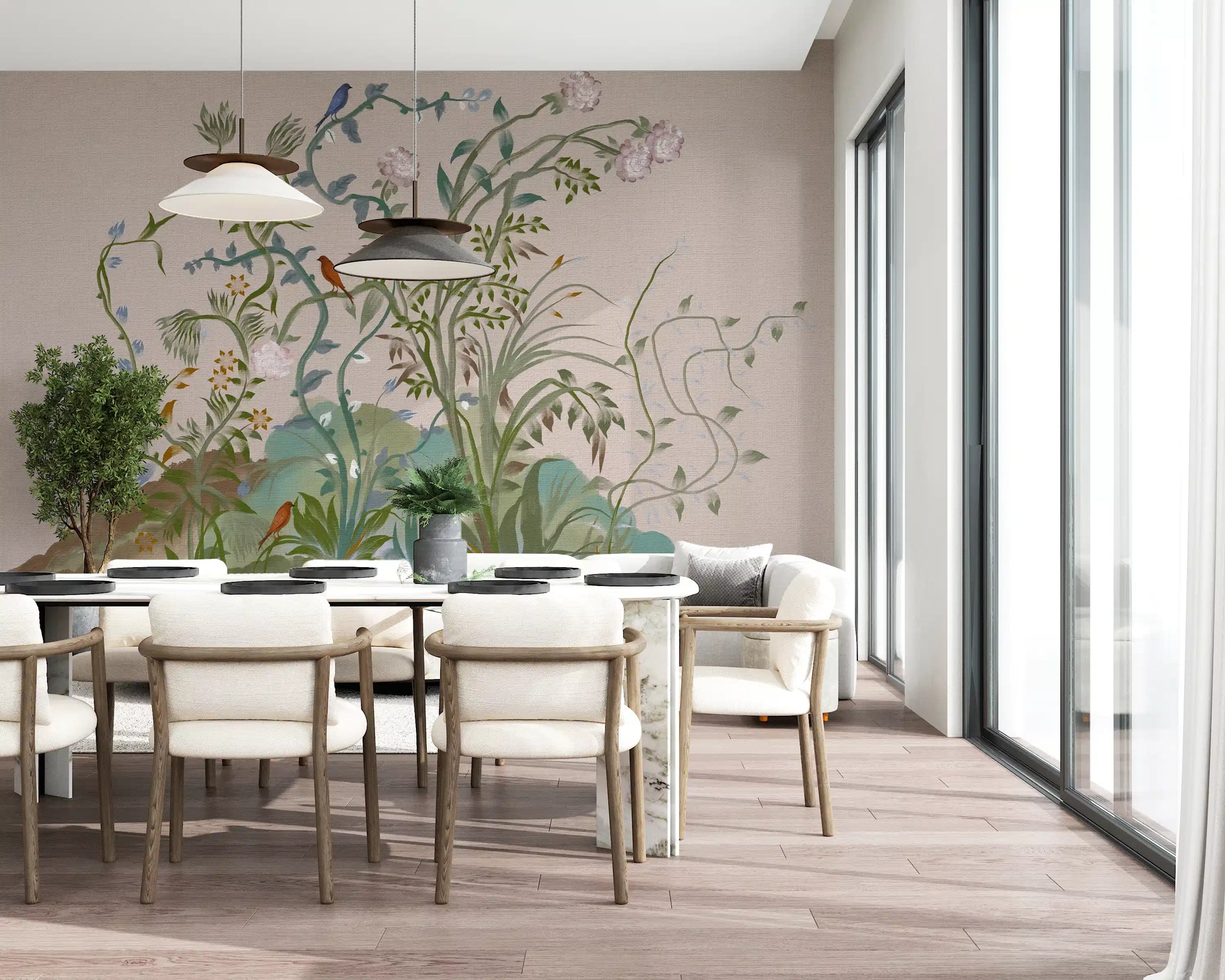 A blue bird on a slender vine sets a quiet Dining room, oriental garden wall mural