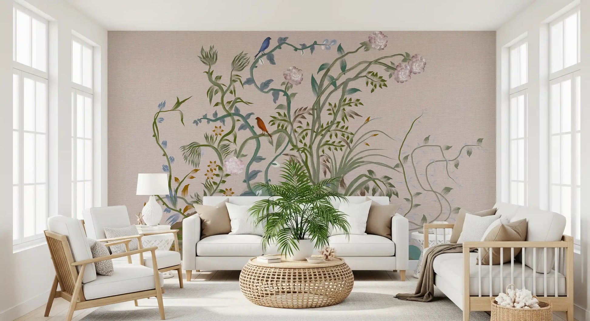 Slender stems and curling vines climb a plain blush chinoiserie wall mural