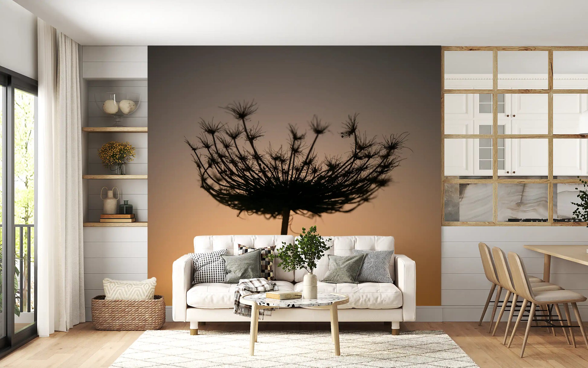 Amber gradient warms the Living and dining room behind a Golden Hour Seed Head wall mural.