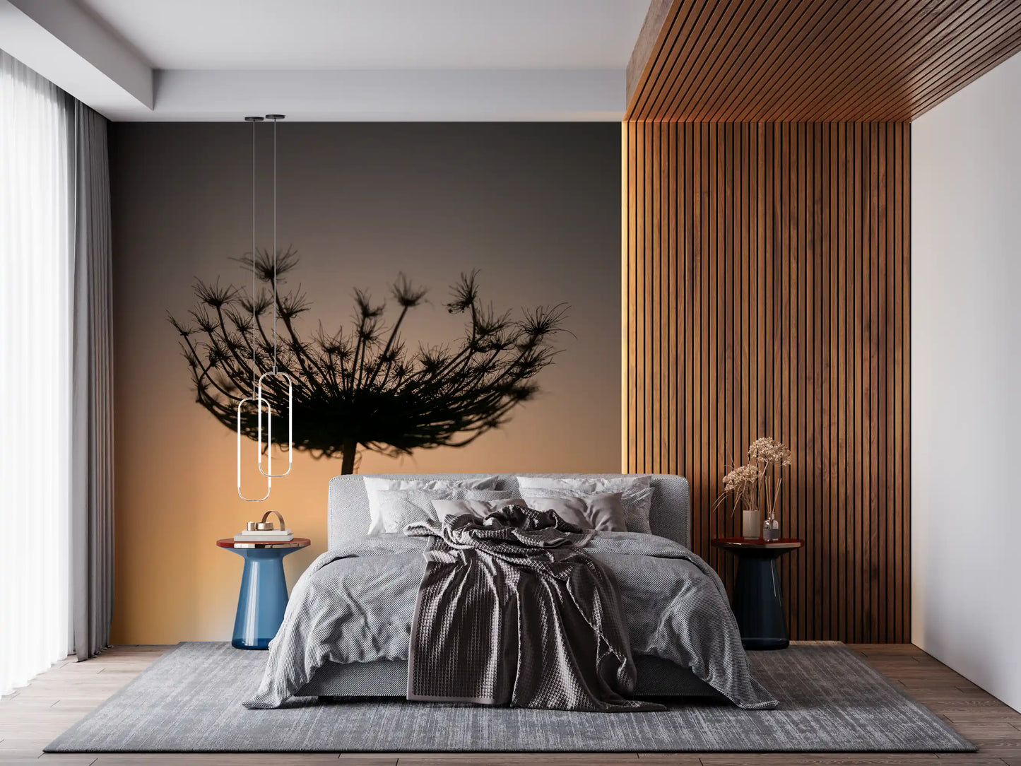 Use this Golden Hour Silhouette wall mural to give a quiet Bedroo botanical weight.
