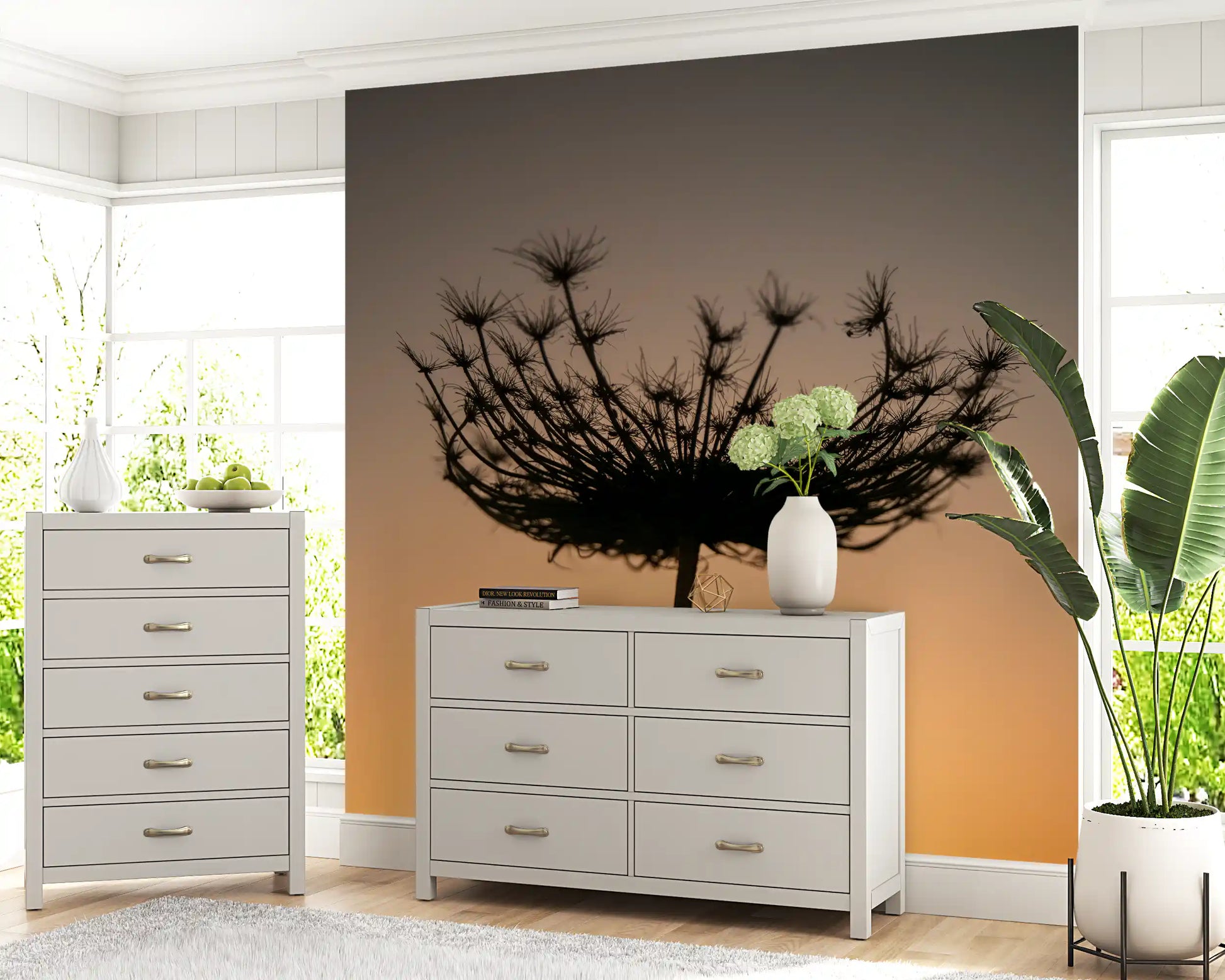 Calm dusk mood meets the Hallway via the Golden Hour Silhouette wall mural backdrop.
