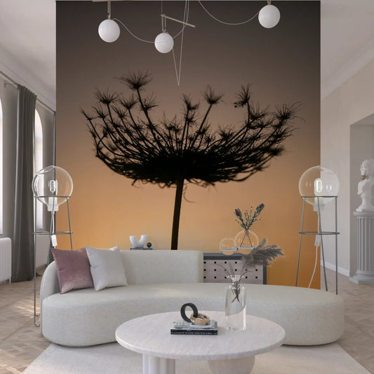 Dusk-lit living room paired with the Golden Hour Seed Head Silhouette wall mural.