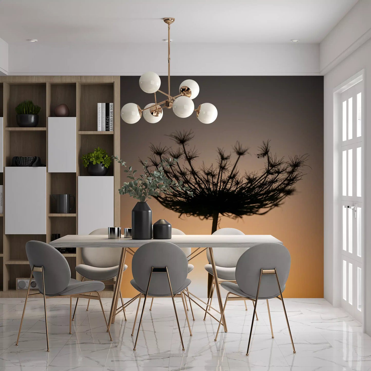 Honey gold fades into hazy taupe behind a Seed Head Silhouette wall mural.