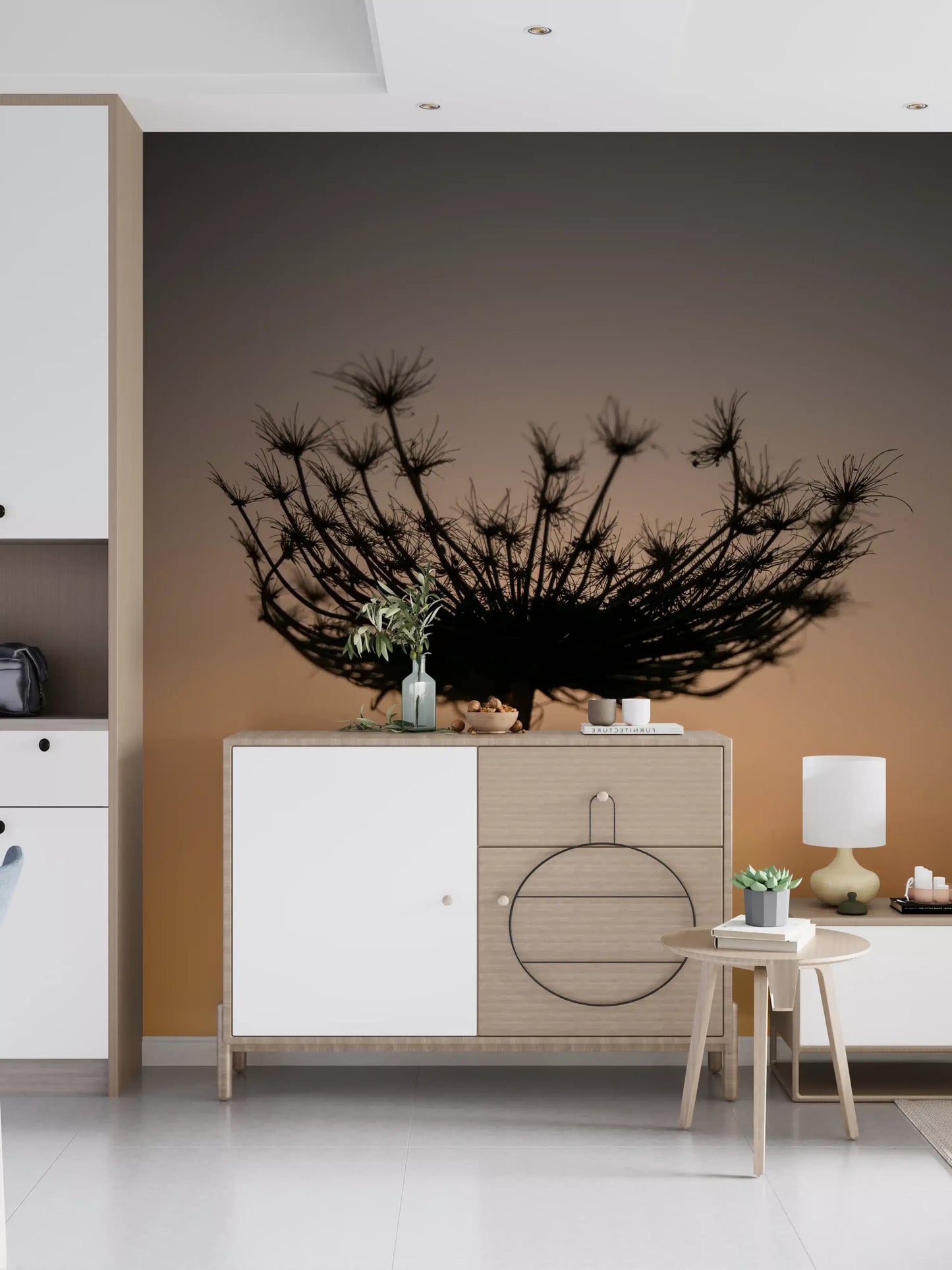 Slim ribs radiate from a centre stem in the Golden Hour Seed Head Silhouette wall mural.
