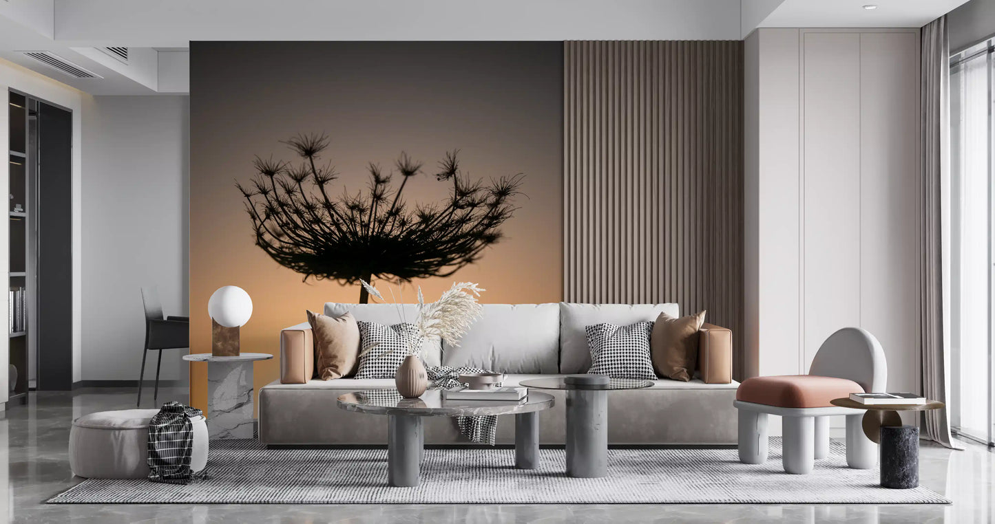Reaching upward in the Living room, the Seed Head Silhouette wall mural opens above.