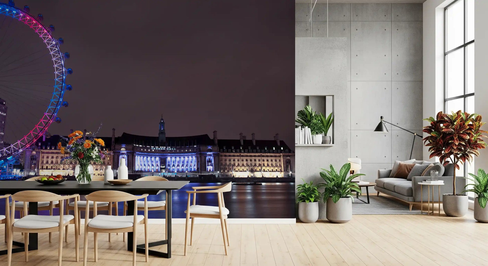 Lit arches and gold line the Dining and living room in this Embankment Reflections wall mural
