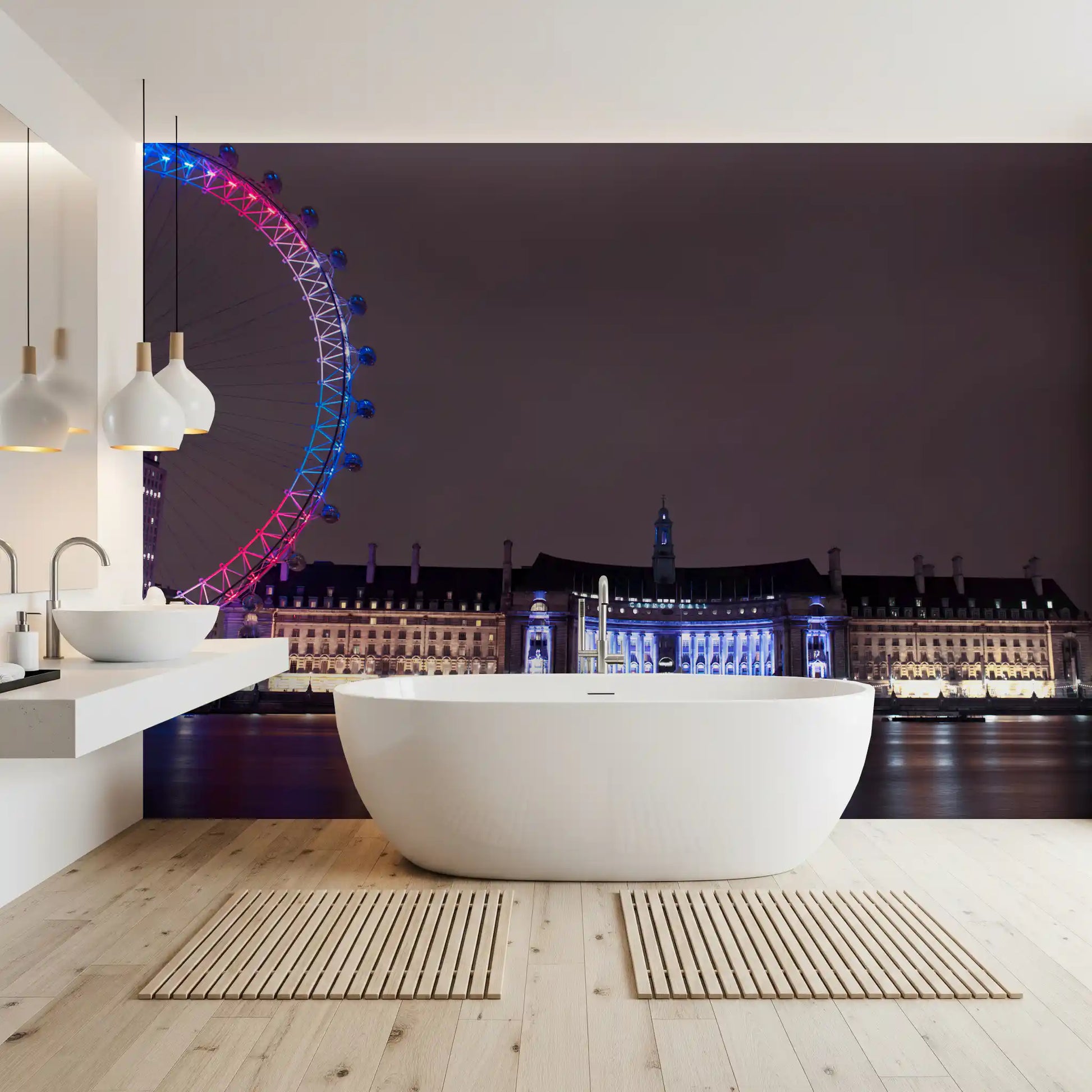 Riverside Embankment scene fills the bathroom under the London Night Glow wall mural