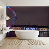 Riverside Embankment scene fills the bathroom under the London Night Glow wall mural