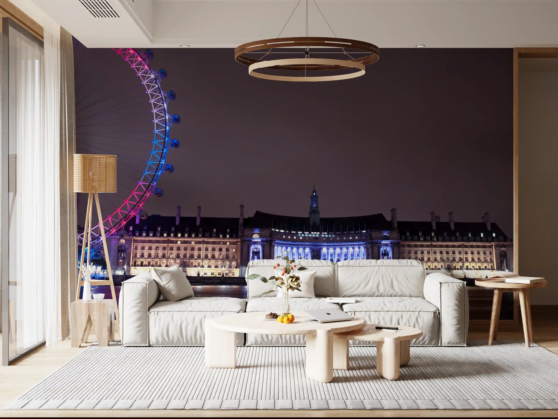 Evening Thames colour washes the hallway through the London Embankment wall mural