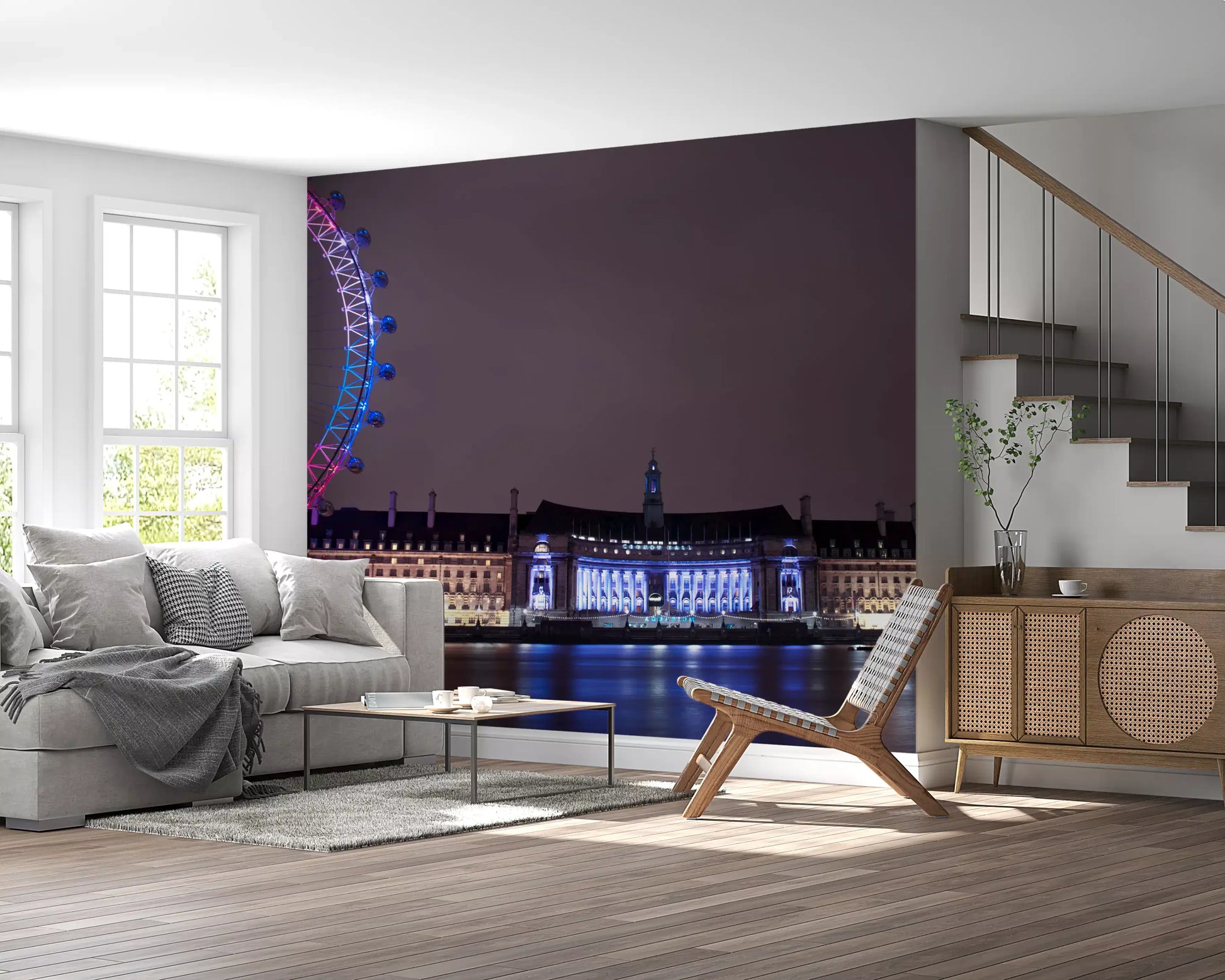 Half the London Eye curves over the lounge inside the Reflections wall mural