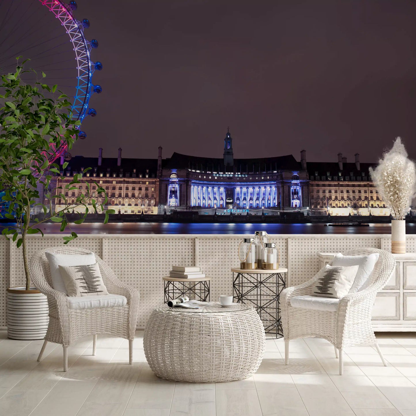 Glittering pink lights crown the London Eye in this Embankment Reflections wall mural